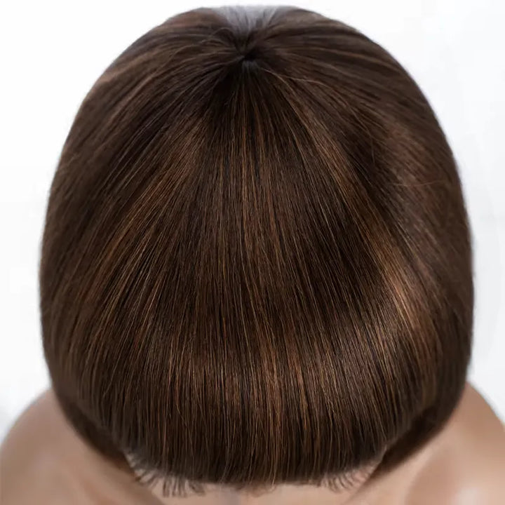 Perruque courte et lisse en cheveux humains brun chocolat avec frange – 1072 