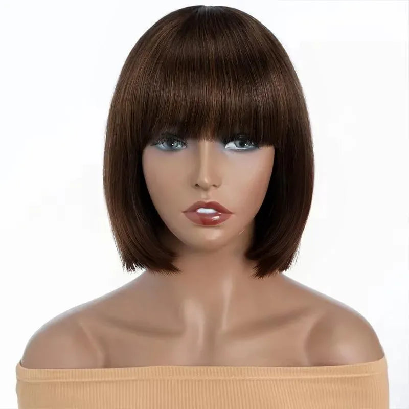 Perruque courte et lisse en cheveux humains brun chocolat avec frange – 1072 
