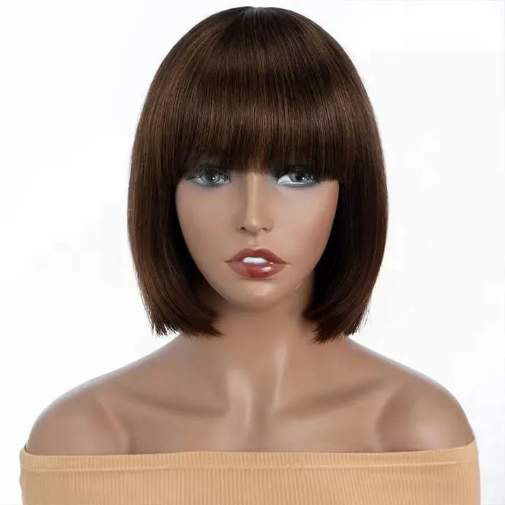 Perruque courte et lisse en cheveux humains brun chocolat avec frange – 1072 