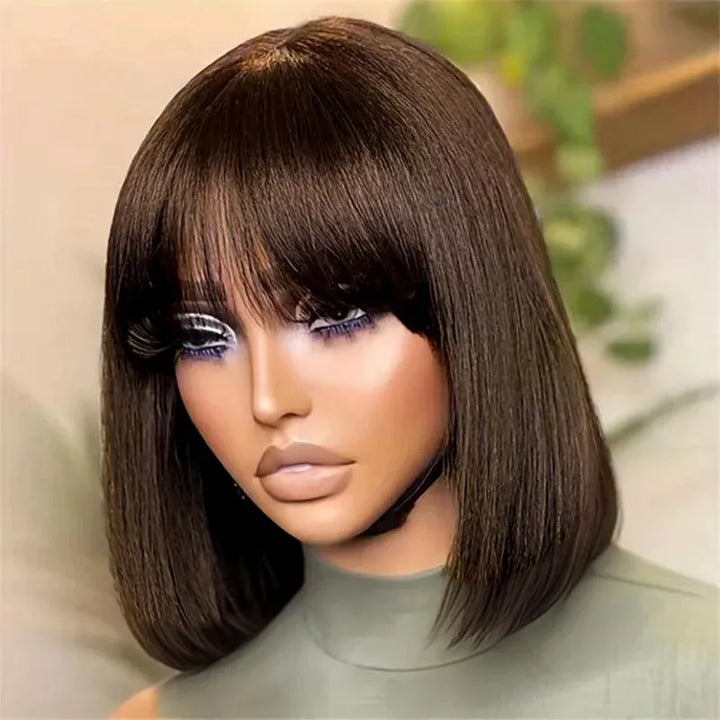 Perruque courte et lisse en cheveux humains brun chocolat avec frange – 1072 