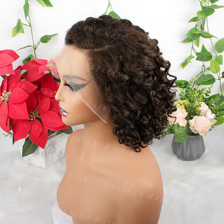 Perruque en dentelle transparente bouclée en spirale brun chocolat 13x4 avec ligne de cheveux naturelle 