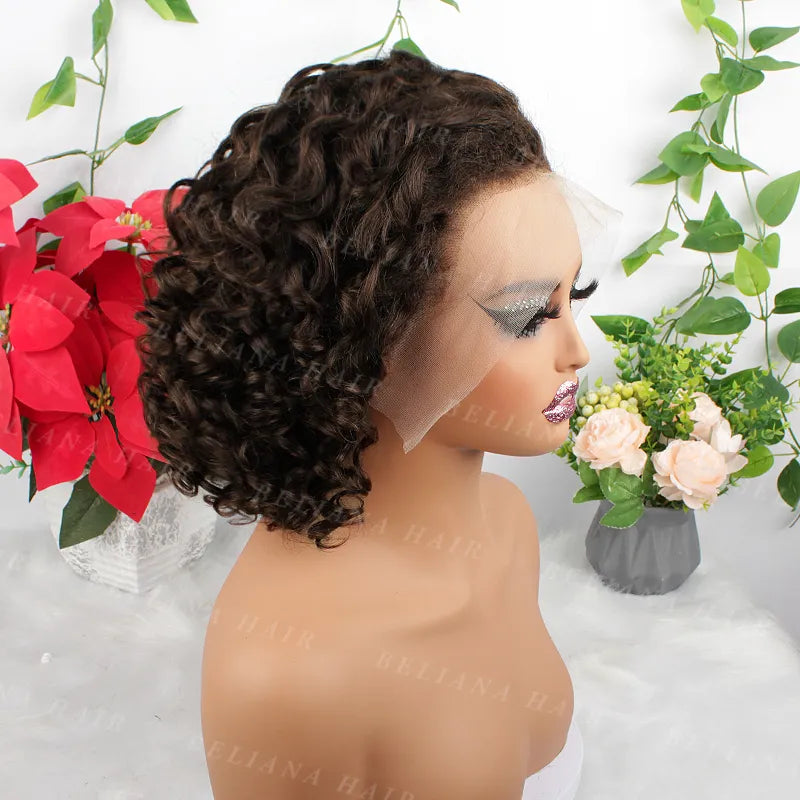 Perruque en dentelle transparente bouclée en spirale brun chocolat 13x4 avec ligne de cheveux naturelle 
