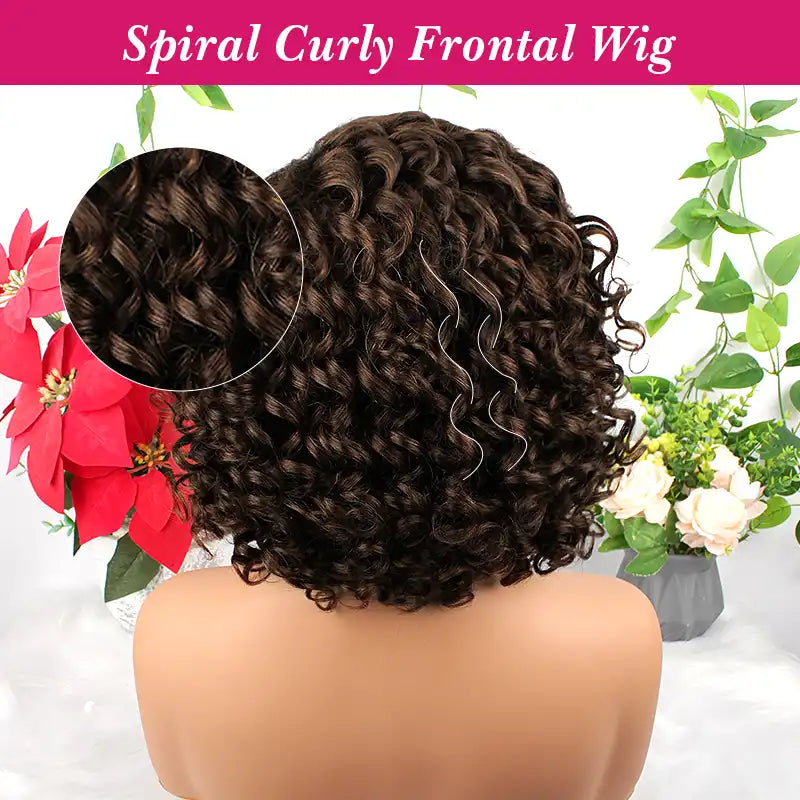 $89 = 2 Wigs | Chocolate Brown Spiral Curly 13x4 Lace Wig & Pixie Short Curly Headband Wig