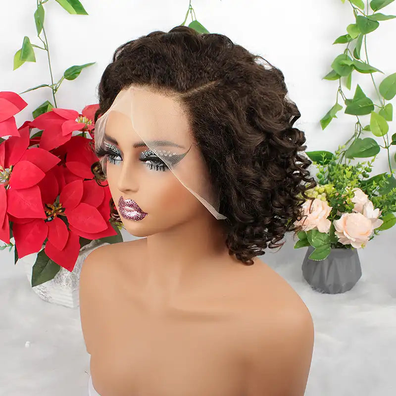 $89 = 2 Wigs | Chocolate Brown Spiral Curly 13x4 Lace Wig & Pixie Short Curly Headband Wig