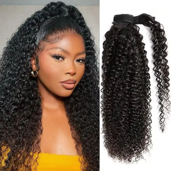 Extensiones de cabello humano rizado Jerry con clip para cola de caballo 