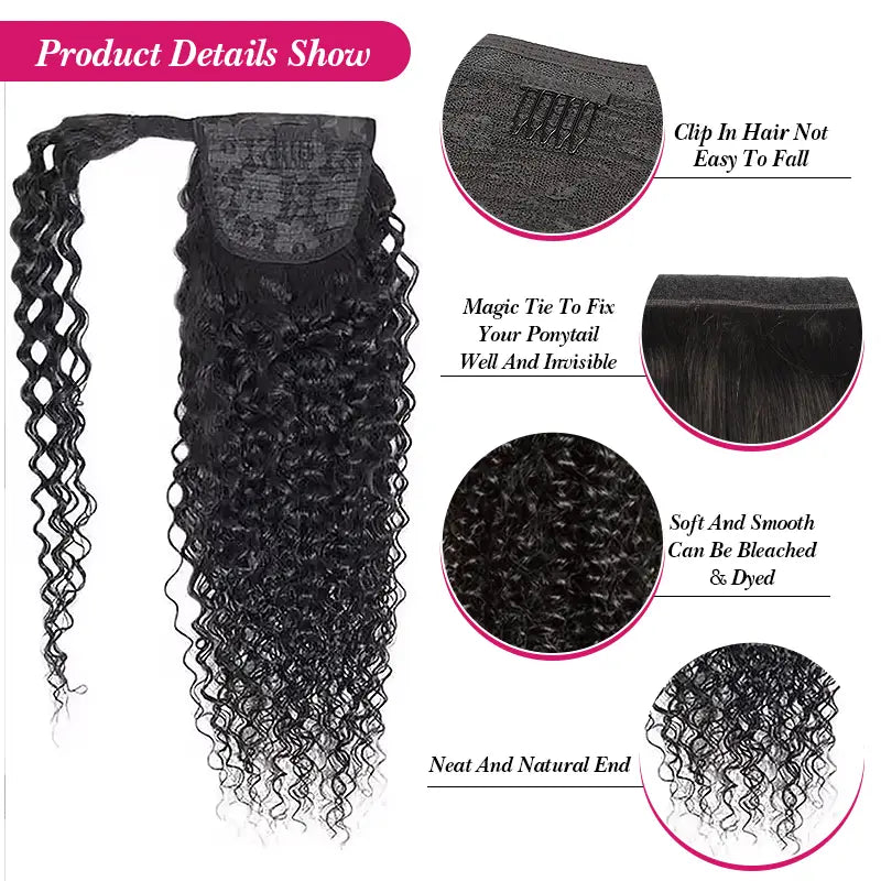 Extensiones de cabello humano rizado Jerry con clip para cola de caballo 