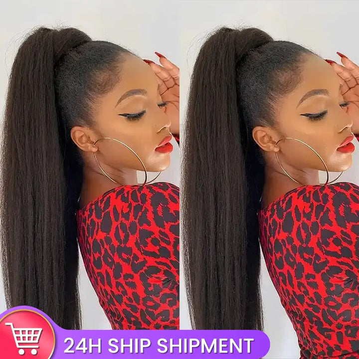 Dark Brown Kinky Straight Drawstring Ponytail Human Hair Extension For Women