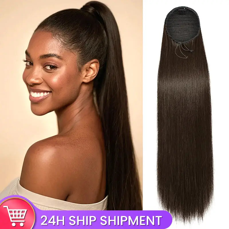 Extensión de cabello humano con cola de caballo recta y rizada con cordón para mujeres 