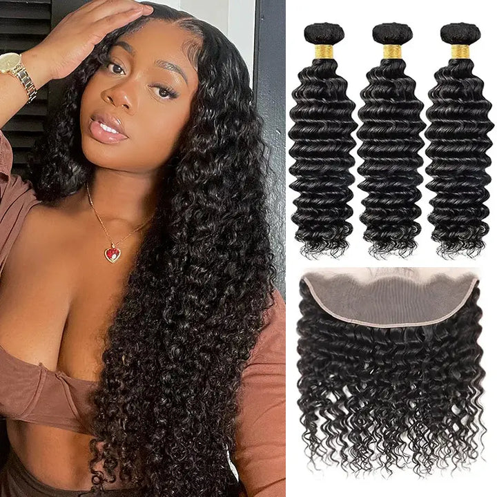 Lot de 3 extensions de cheveux humains Deep Wave avec dentelle frontale 13x4 