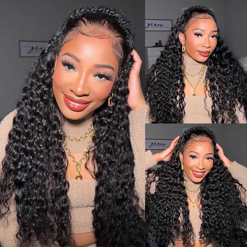 Lot de 3 extensions de cheveux humains Deep Wave avec dentelle frontale 13x4 