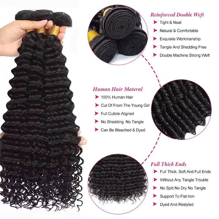 Lot de 3 extensions de cheveux humains Deep Wave avec dentelle frontale 13x4 