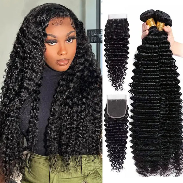Lot de 4 mèches Deep Wave avec fermeture en dentelle transparente 4x4, ligne de cheveux naturelle 
