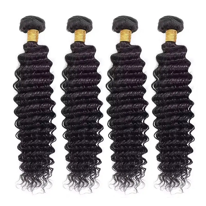 Lot de 4 mèches Deep Wave avec fermeture en dentelle transparente 4x4, ligne de cheveux naturelle 