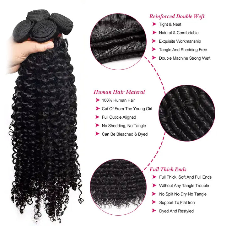 Lot de 4 mèches Deep Wave avec fermeture en dentelle transparente 4x4, ligne de cheveux naturelle 
