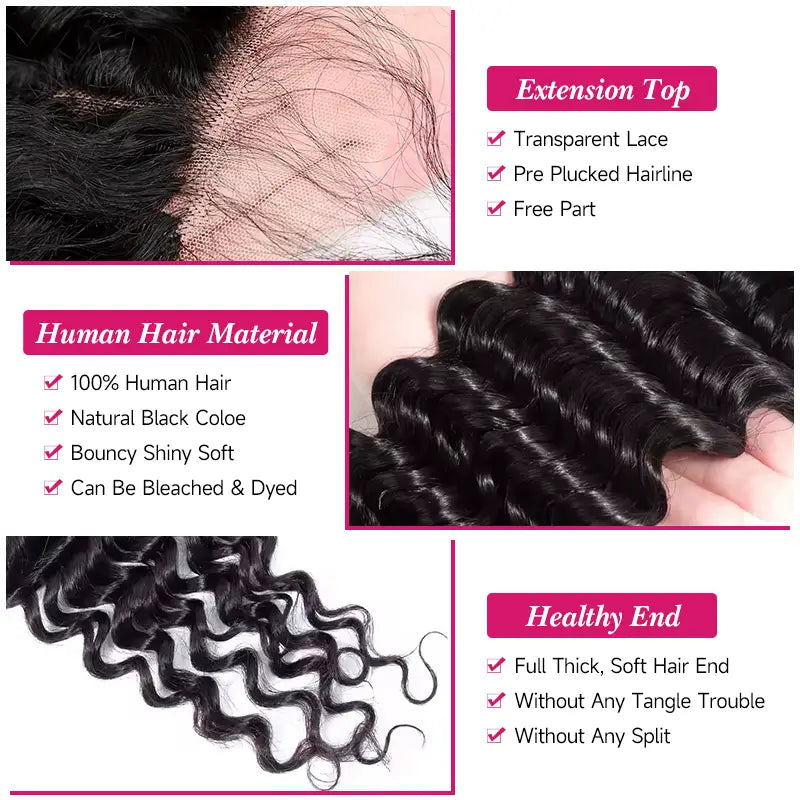 Lot de 4 mèches Deep Wave avec fermeture en dentelle transparente 4x4, ligne de cheveux naturelle 