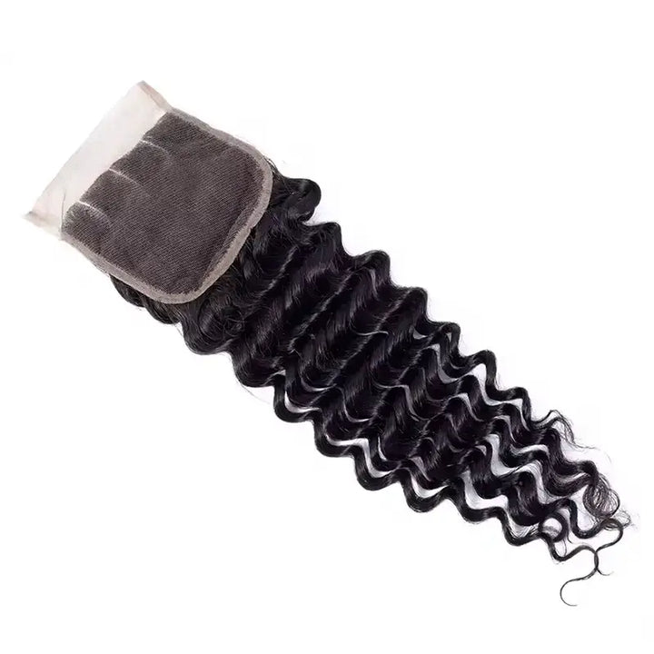Lot de 4 mèches Deep Wave avec fermeture en dentelle transparente 4x4, ligne de cheveux naturelle 