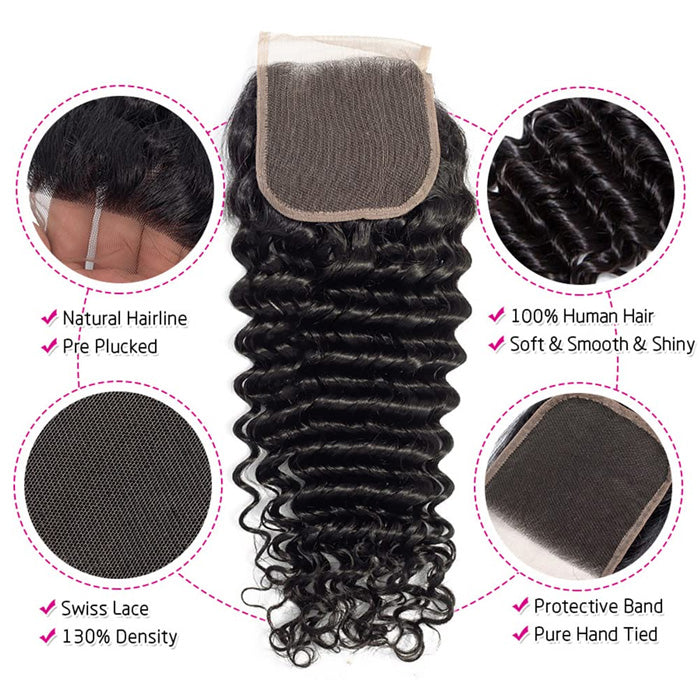 4x4 Transparent lace Closure Deep Wave Human Hair