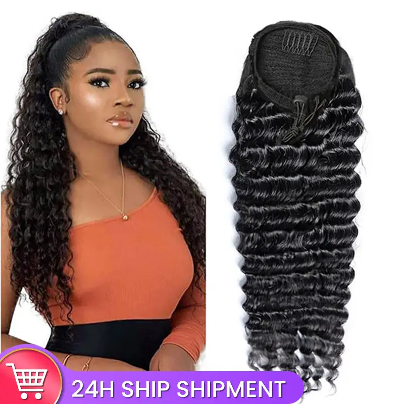 Extensiones de cola de caballo con cordón para mujeres, cabello humano ondulado profundo 