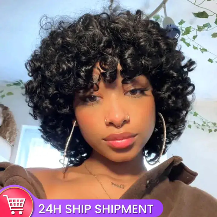 Egg Roll Bob Curly #1B Human Hair Wigs With Bang