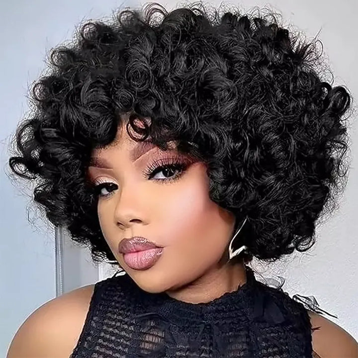 Perruques Bob bouclées #1B en cheveux humains avec frange 