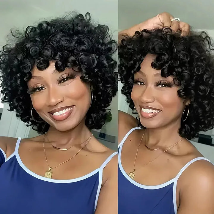 Perruques Bob bouclées #1B en cheveux humains avec frange 
