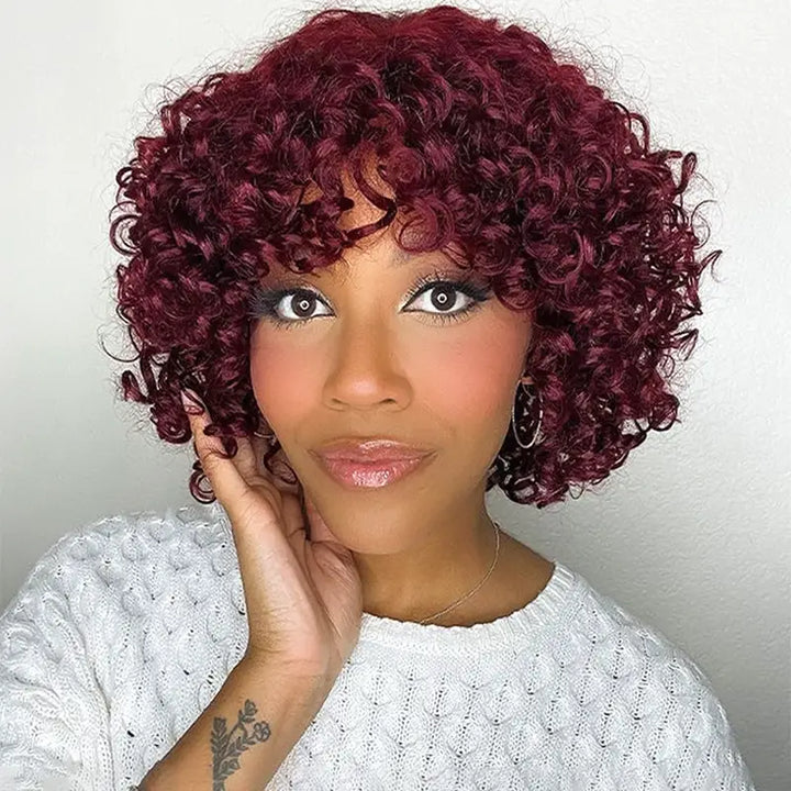 Egg Roll Bob Curly #1B Human Hair Wigs With Bang