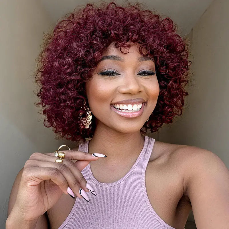 Egg Roll Bob Curly #1B Human Hair Wigs With Bang