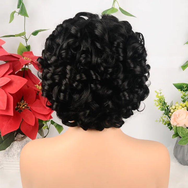 Perruques Bob bouclées #1B en cheveux humains avec frange 