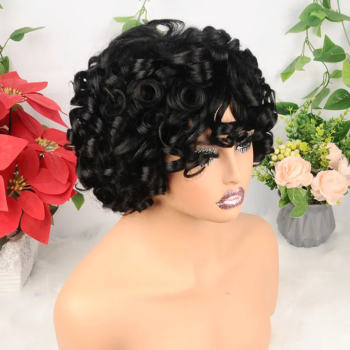 Perruques Bob bouclées #1B en cheveux humains avec frange 