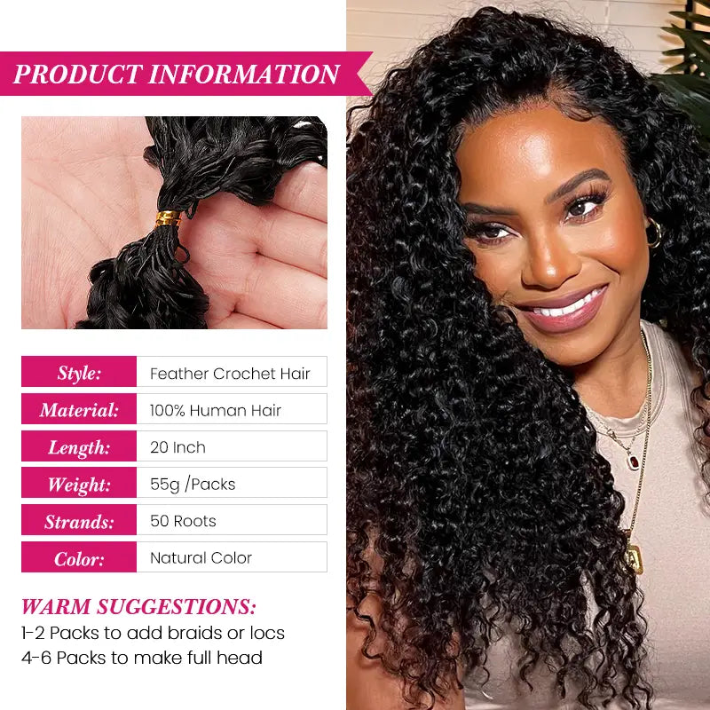 Beliana Curly Crochet Hair Pre-Separated Feather Soft Knotless Human Hair Extensions