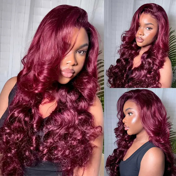 Full Bouncy Curls 3D Body Wave, Dark 99J 13x4 Lace Front Wig, Pre-PluckedDrawstring