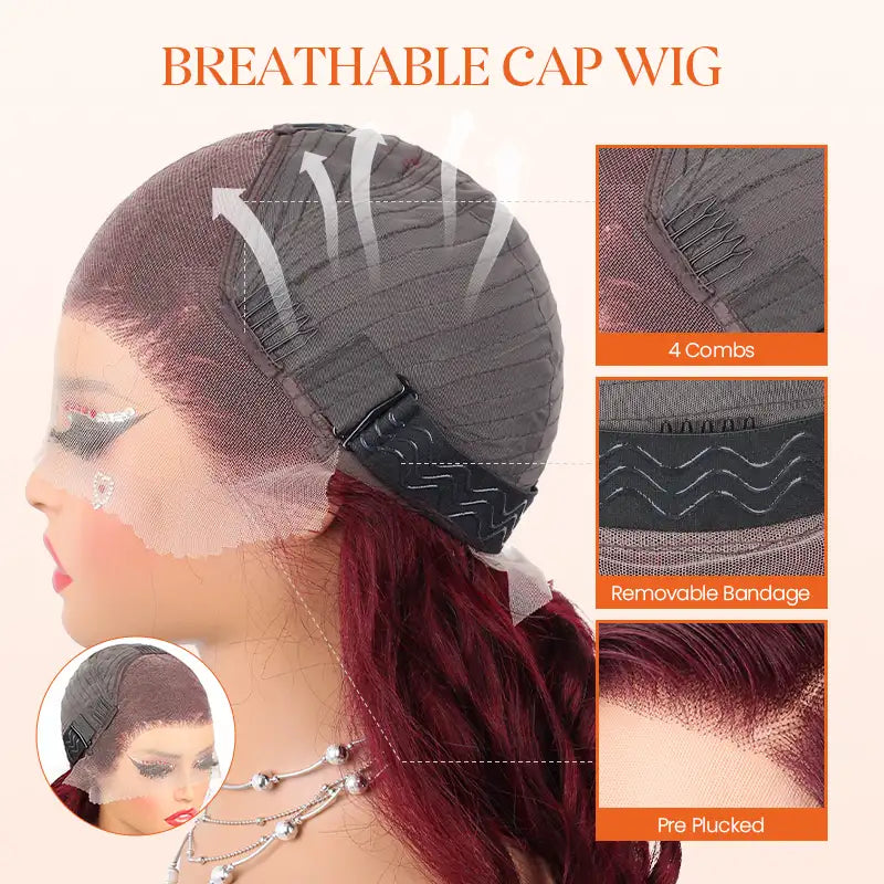 Full Bouncy Curls 3D Body Wave, Dark 99J 13x4 Lace Front Wig, Pre-Plucked