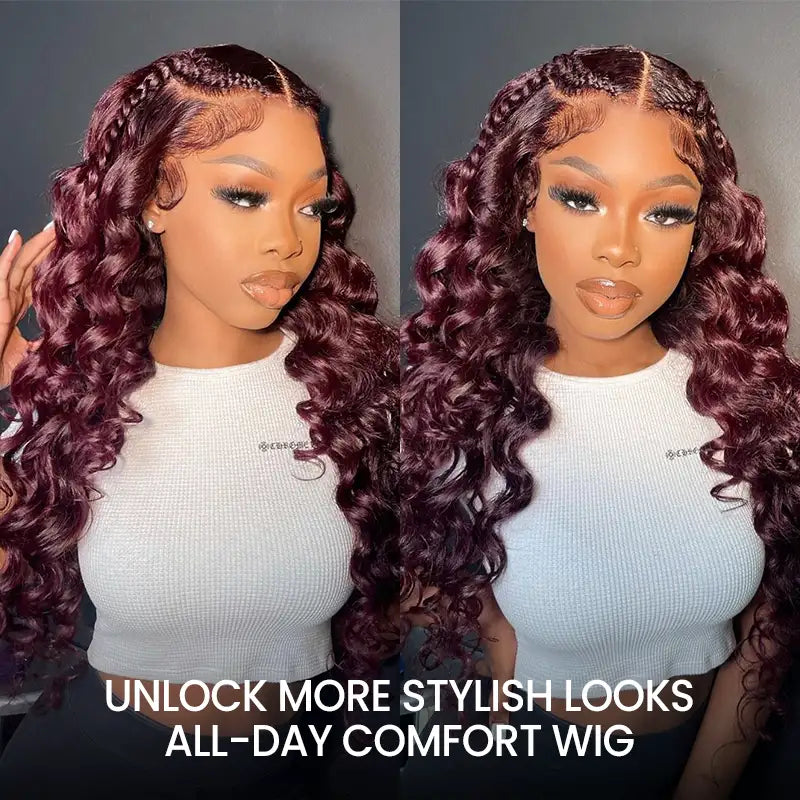 Full Bouncy Curls 3D Body Wave, Dark 99J 13x4 Lace Front Wig, Pre-Plucked