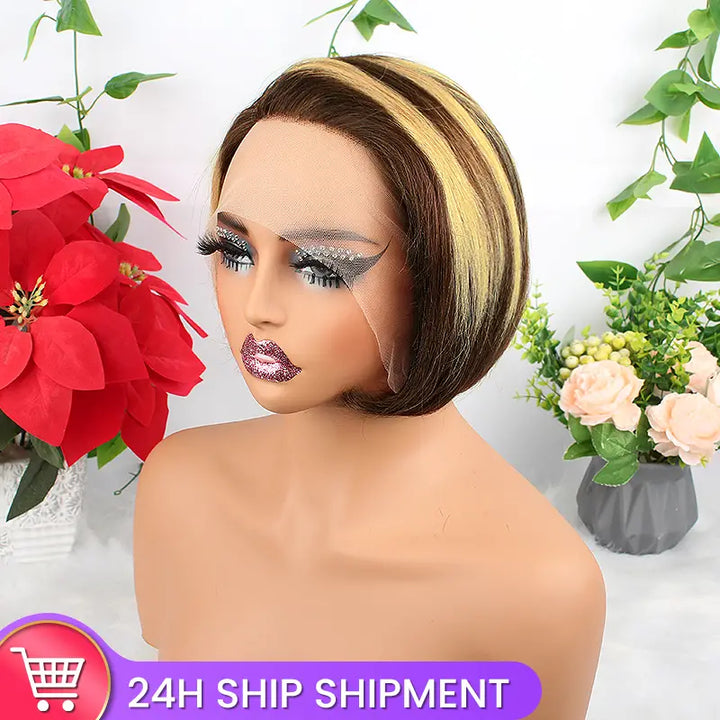 Perruque courte et lisse en cheveux humains blond miel 13x1 avec dentelle transparente 