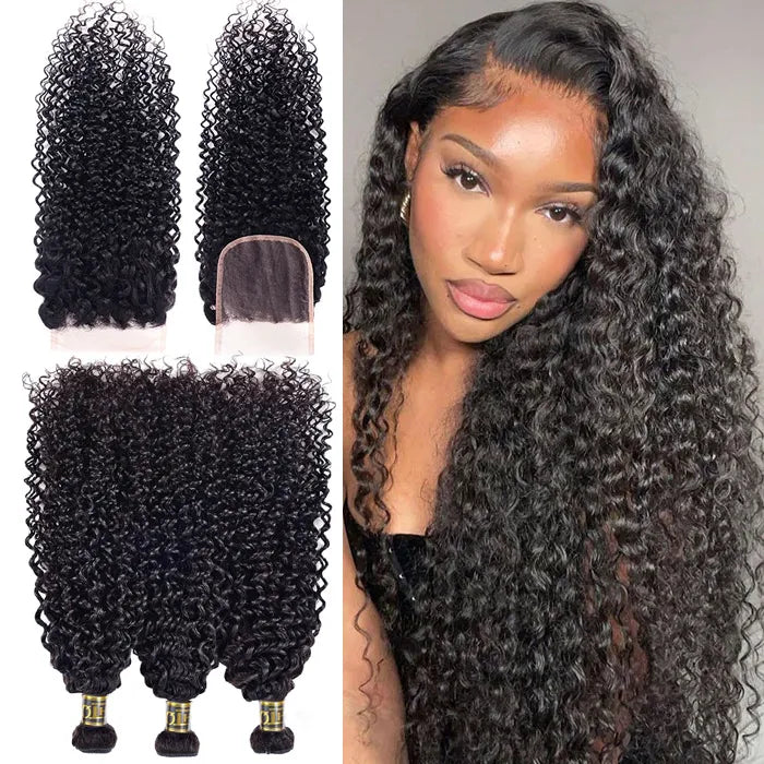 3 Bundles with 4x4 Transparent Lace Closure Jerry Curly Human Hair ...