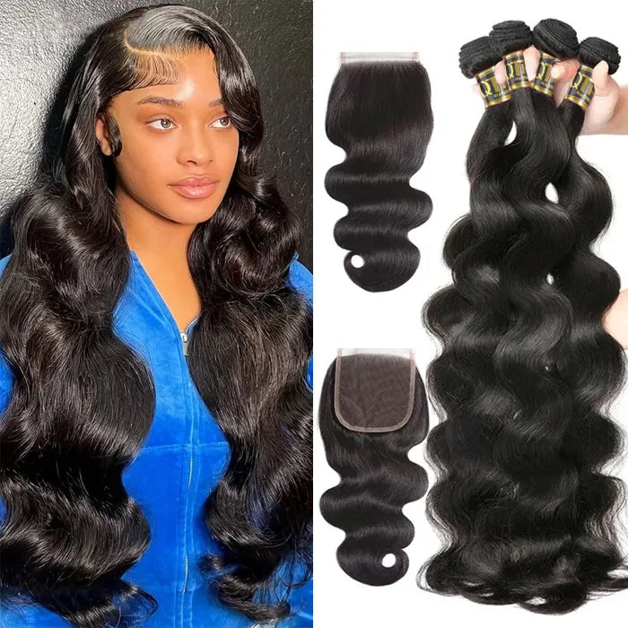 Body Wave 4 Bundles with 4x4 Transparent Lace Closure Brazilian Virgin ...