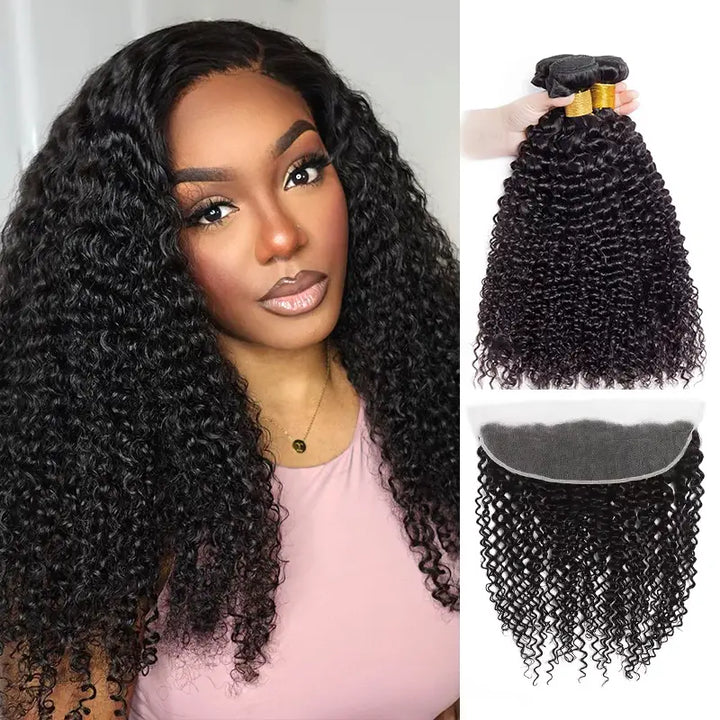 4 paquetes de extensiones de cabello humano rizado Jerry con encaje frontal transparente de 13 x 4 