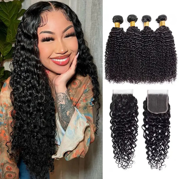 Extensions de cheveux humains Jerry Curly, lot de 4 mèches avec fermeture en dentelle transparente 4x4 