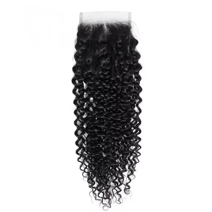 Extensions de cheveux humains Jerry Curly, lot de 4 mèches avec fermeture en dentelle transparente 4x4 