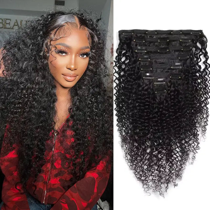 Extensions de cheveux bouclés Jerry à clips, 8 pièces/ensemble, 100 % cheveux humains, volume complet 