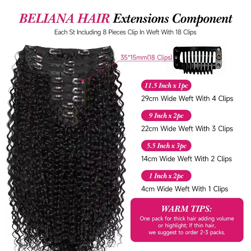 Extensions de cheveux bouclés Jerry à clips, 8 pièces/ensemble, 100 % cheveux humains, volume complet 