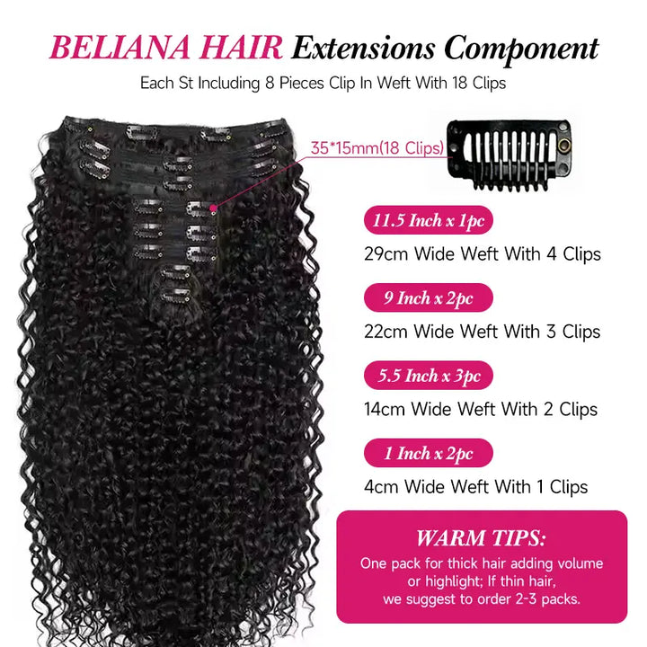 Extensions de cheveux bouclés Jerry à clips, 8 pièces/ensemble, 100 % cheveux humains, volume complet 