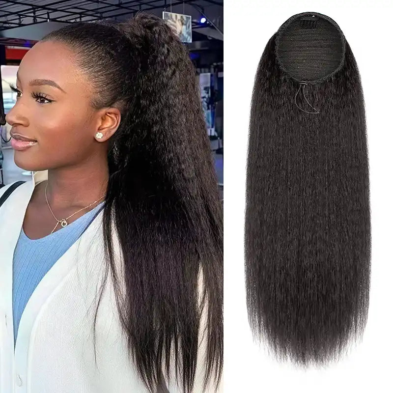 Dark Brown Kinky Straight Drawstring Ponytail Human Hair Extension For Women