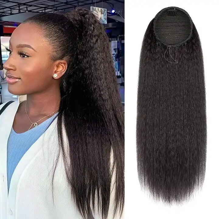 Dark Brown Kinky Straight Drawstring Ponytail Human Hair Extension For Women
