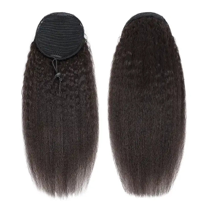 Dark Brown Kinky Straight Drawstring Ponytail Human Hair Extension For Women