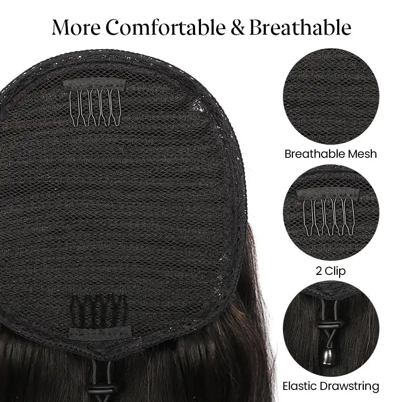 Dark Brown Kinky Straight Drawstring Ponytail Human Hair Extension For Women