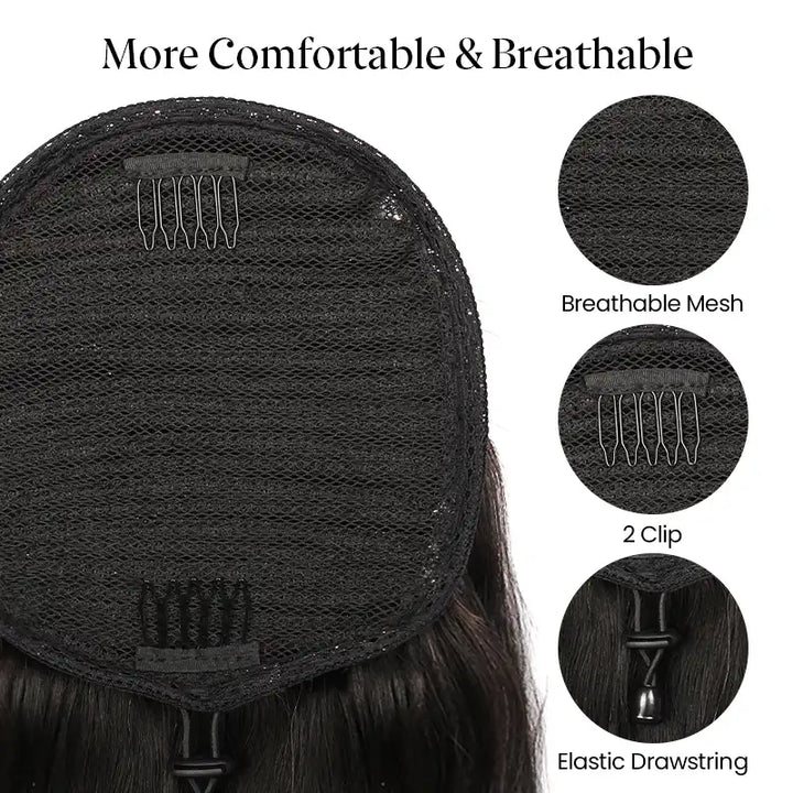 Dark Brown Kinky Straight Drawstring Ponytail Human Hair Extension For Women