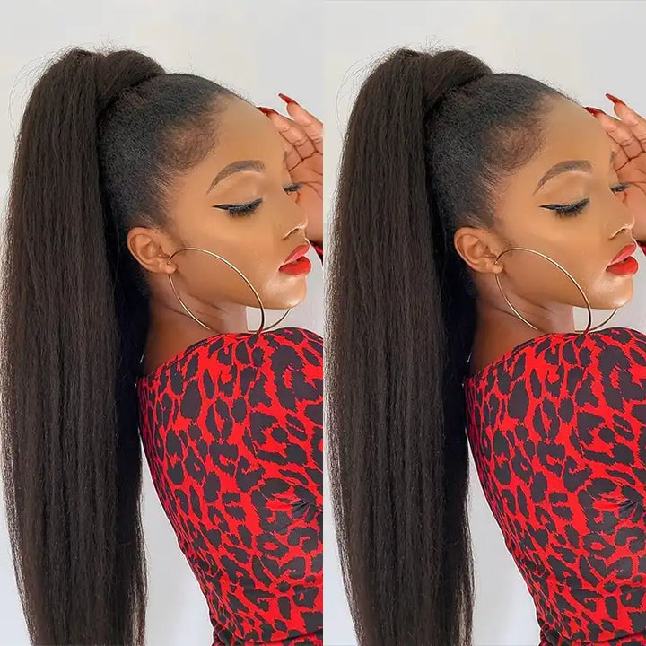 Dark Brown Kinky Straight Drawstring Ponytail Human Hair Extension For Women