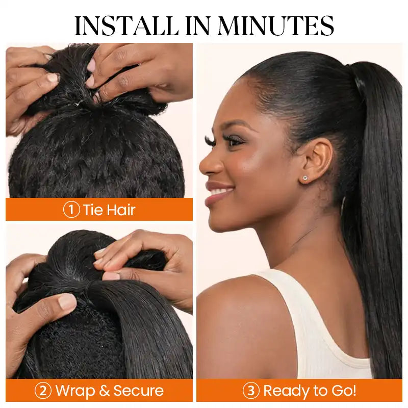 Dark Brown Kinky Straight Drawstring Ponytail Human Hair Extension For Women