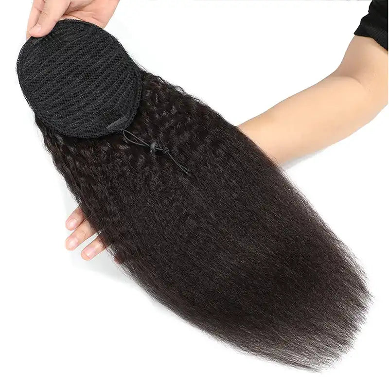 Dark Brown Kinky Straight Drawstring Ponytail Human Hair Extension For Women